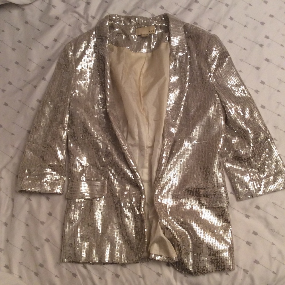Vintage F21 sequin blazer silver jacket